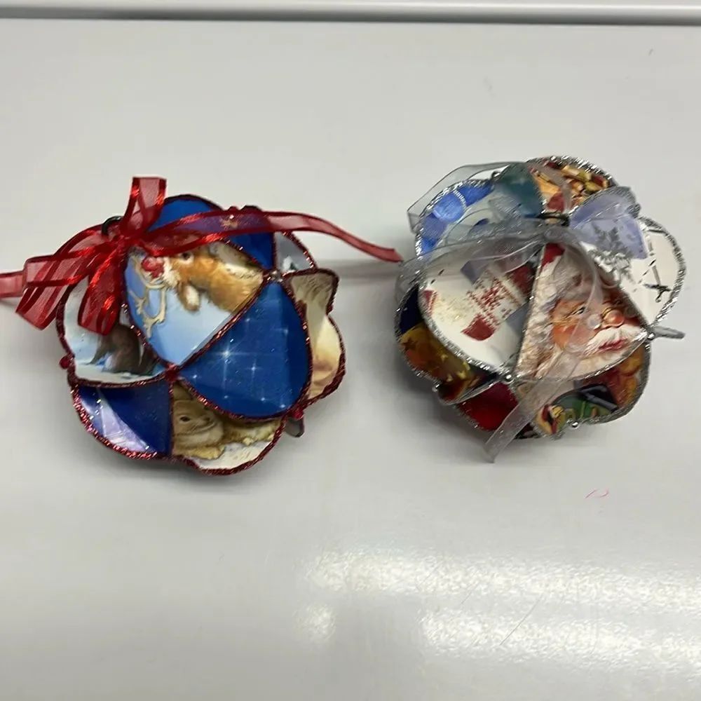 Recycled Christmas Cards Handmade Ornaments Set of two- Diameter 4”